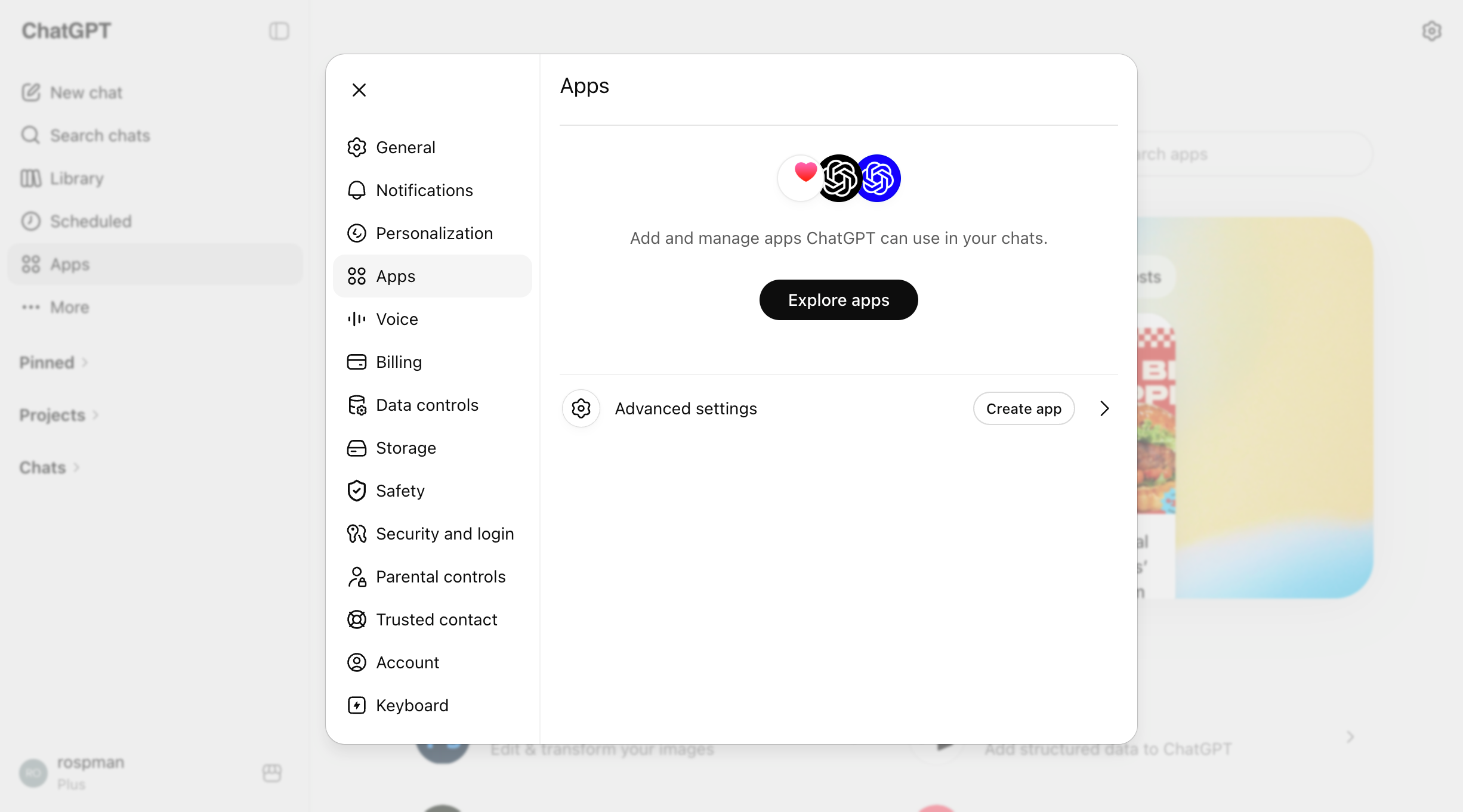 ChatGPT Apps settings