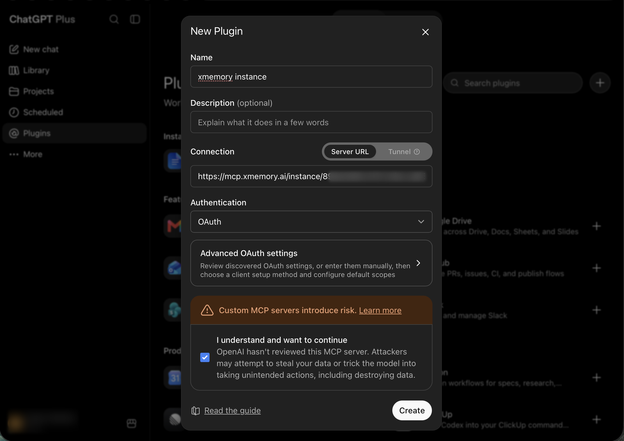 The New Plugin form in ChatGPT with the xmemory server URL and OAuth authentication