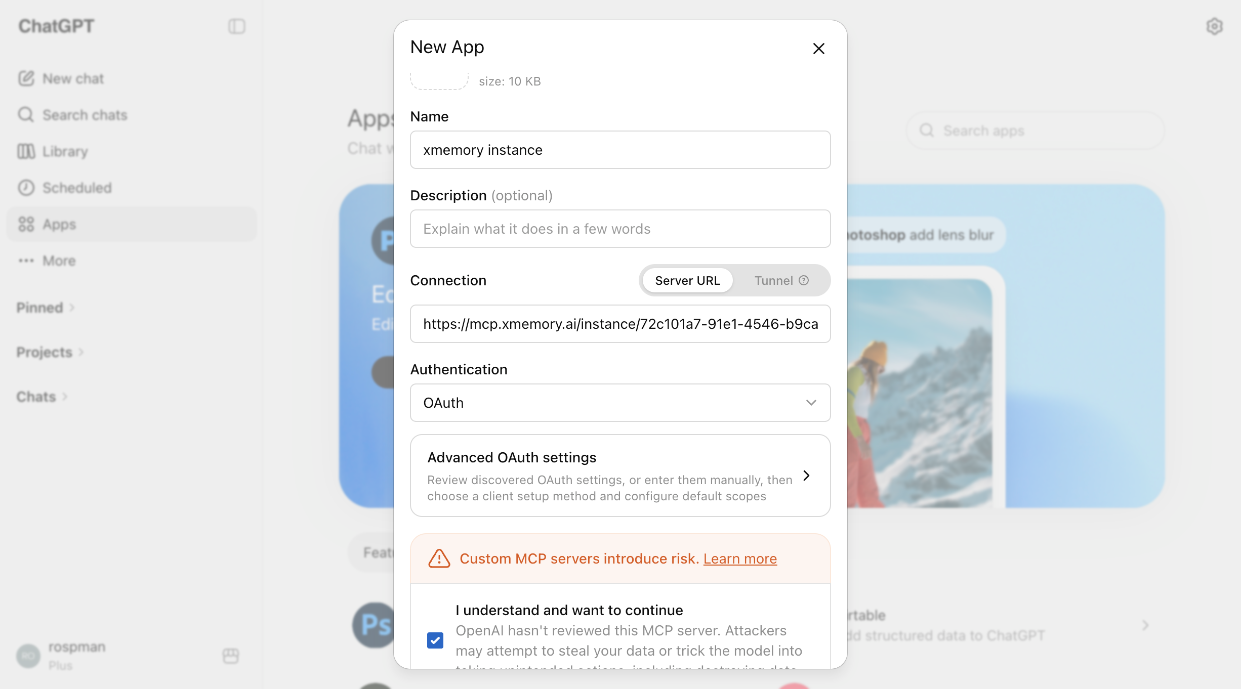 Creating the xmemory connector as a new app in ChatGPT