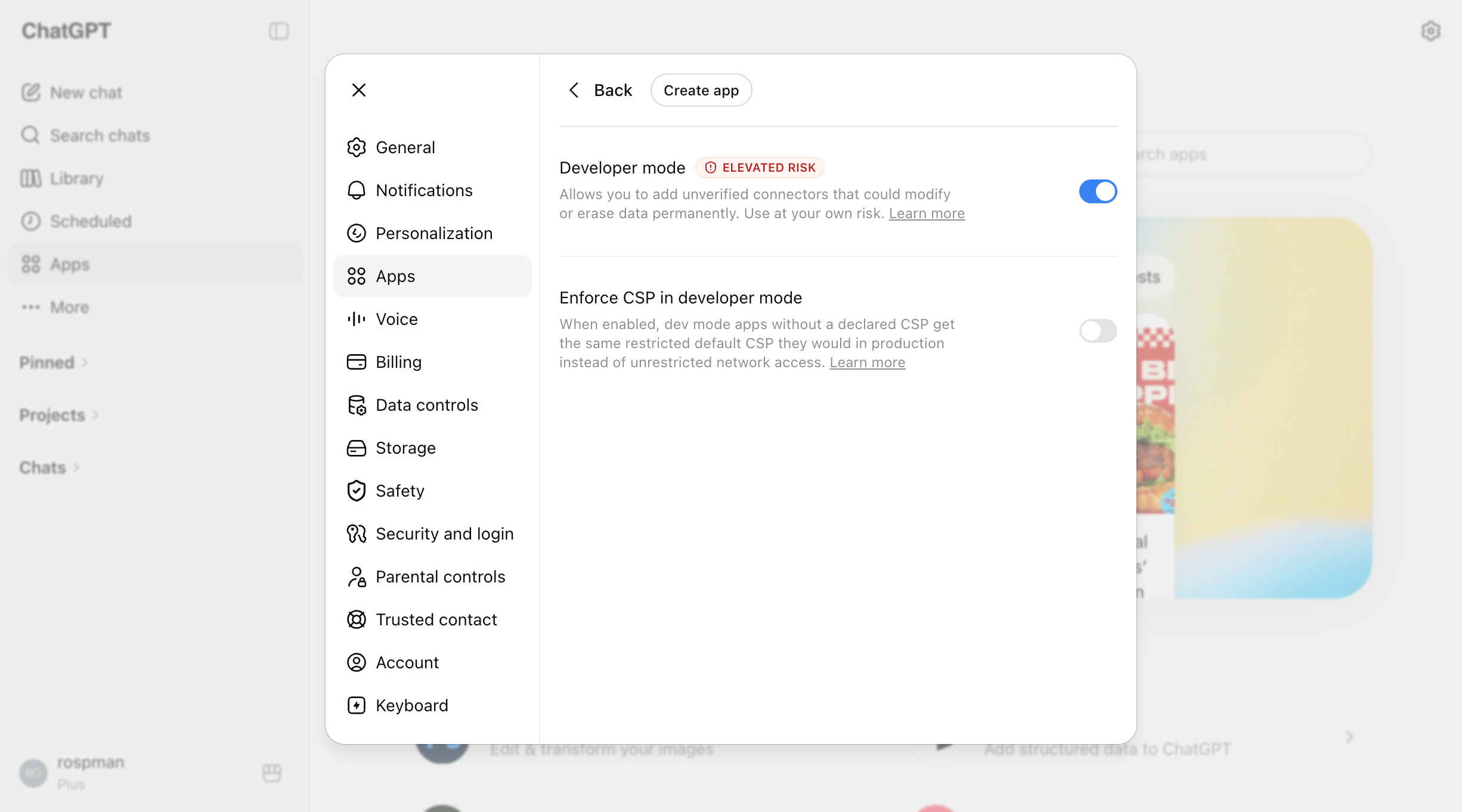 Enabling Developer mode in ChatGPT Apps settings