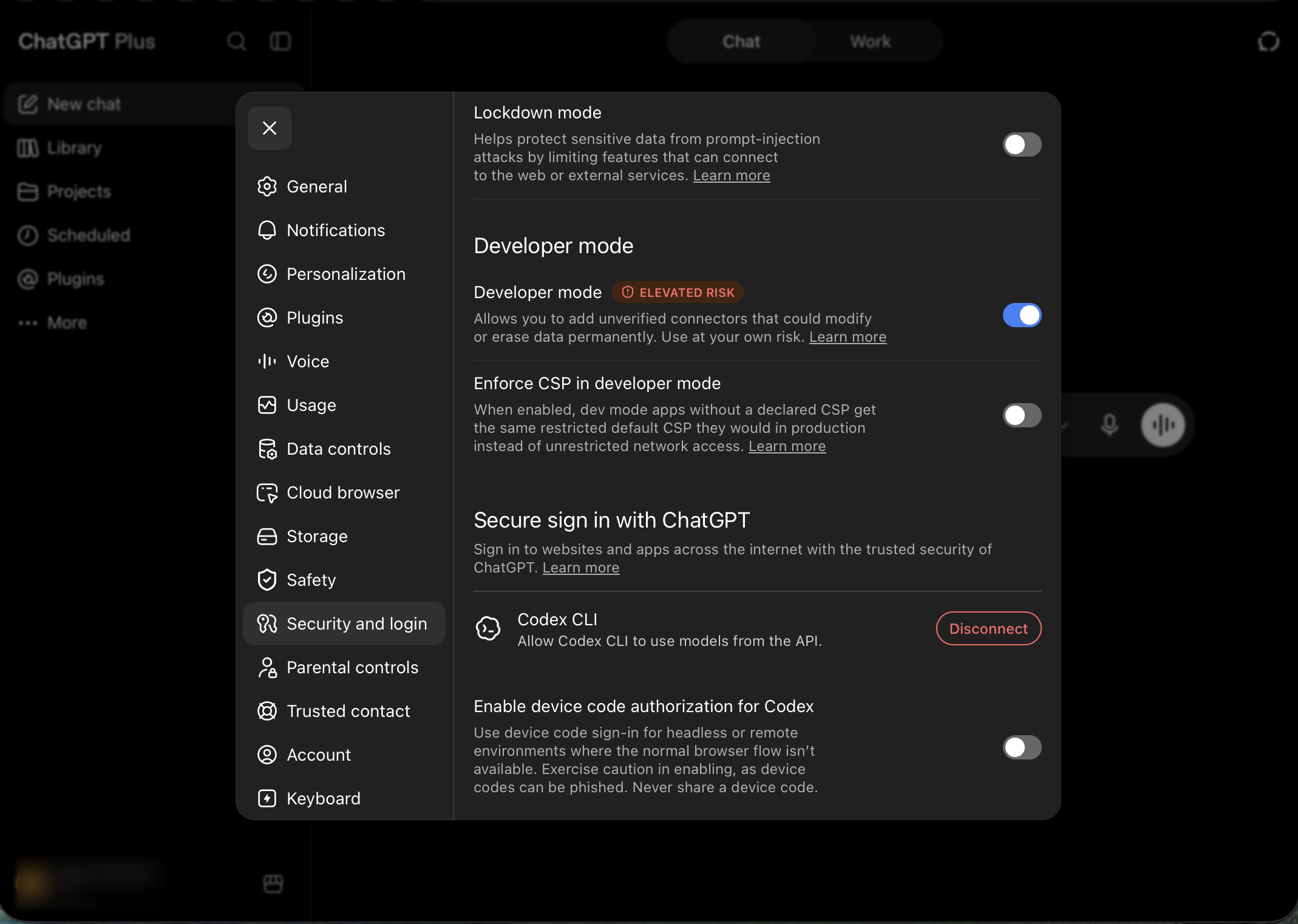 Developer mode under Settings, Security and login in ChatGPT