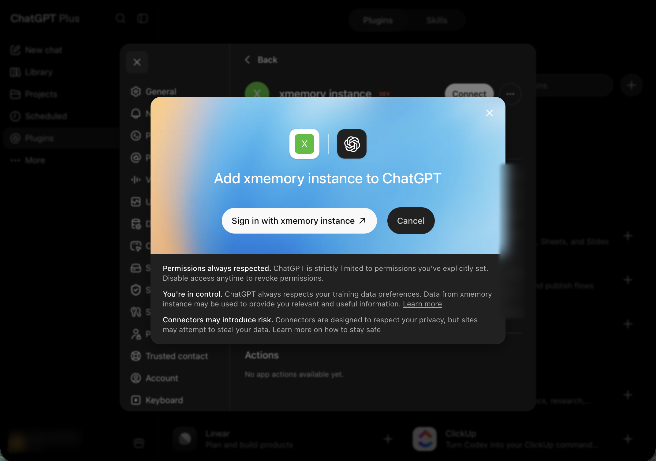 The sign-in dialog adding the xmemory plugin to ChatGPT