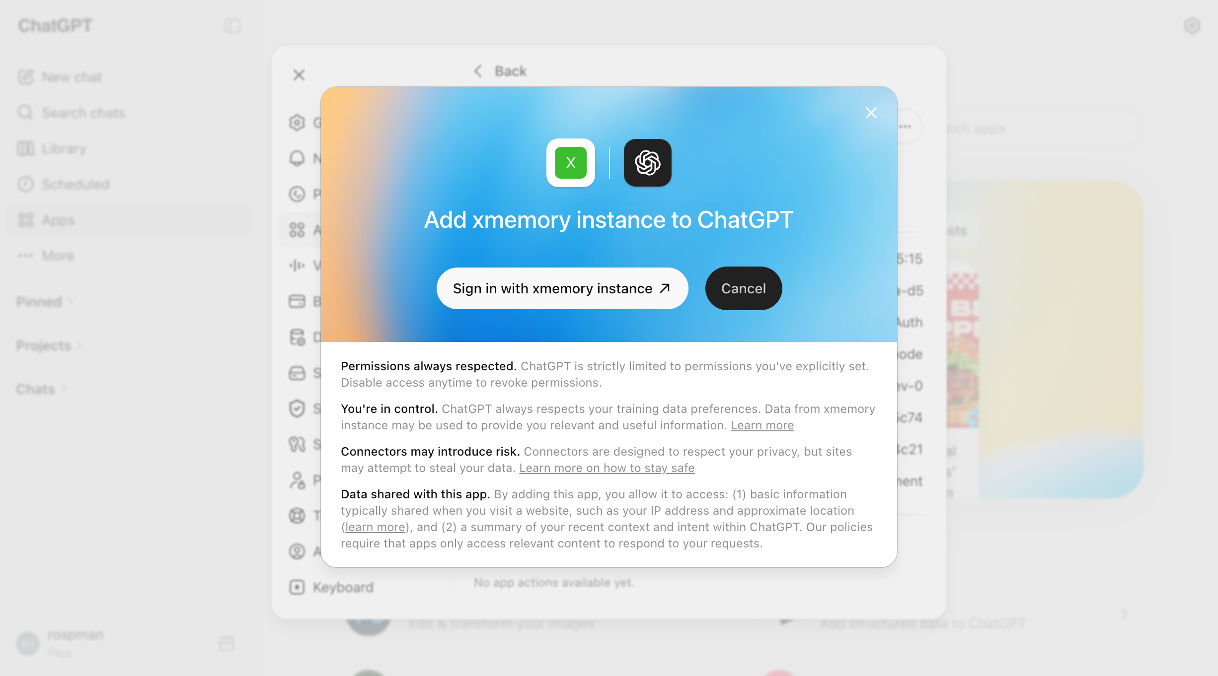 Signing in to xmemory from ChatGPT