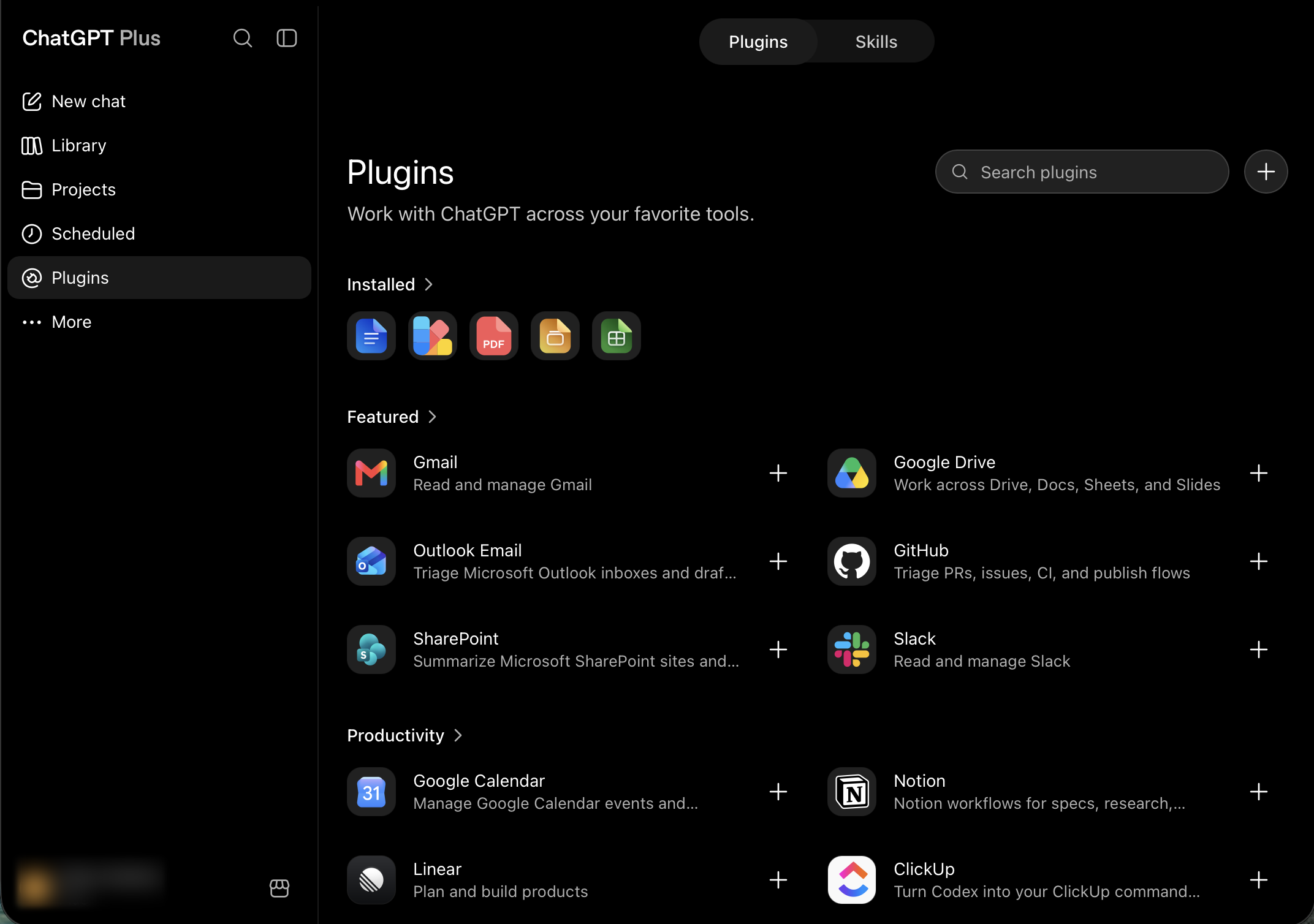 The Plugins page in ChatGPT with the + button beside the search box