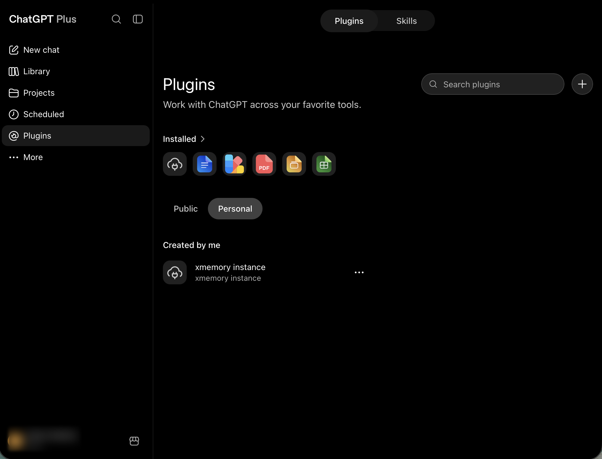 The xmemory plugin connected under Created by me in ChatGPT
