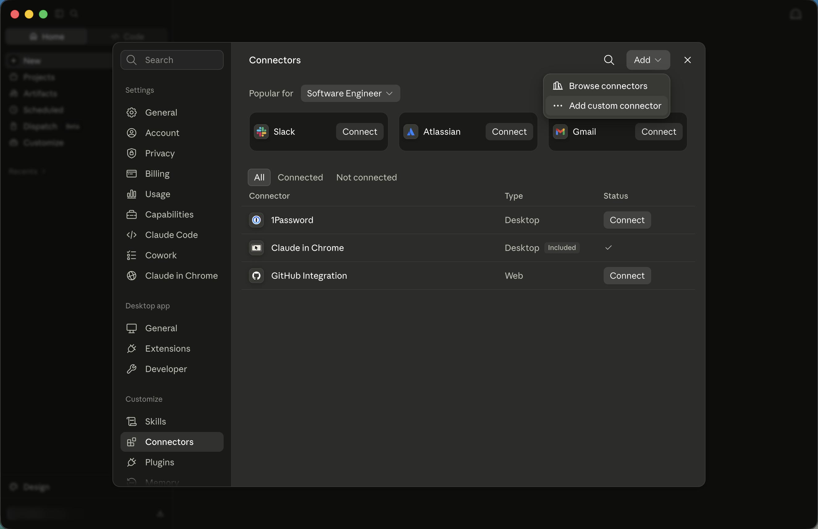 The Connectors screen under Customize with the Add menu open on Add custom connector