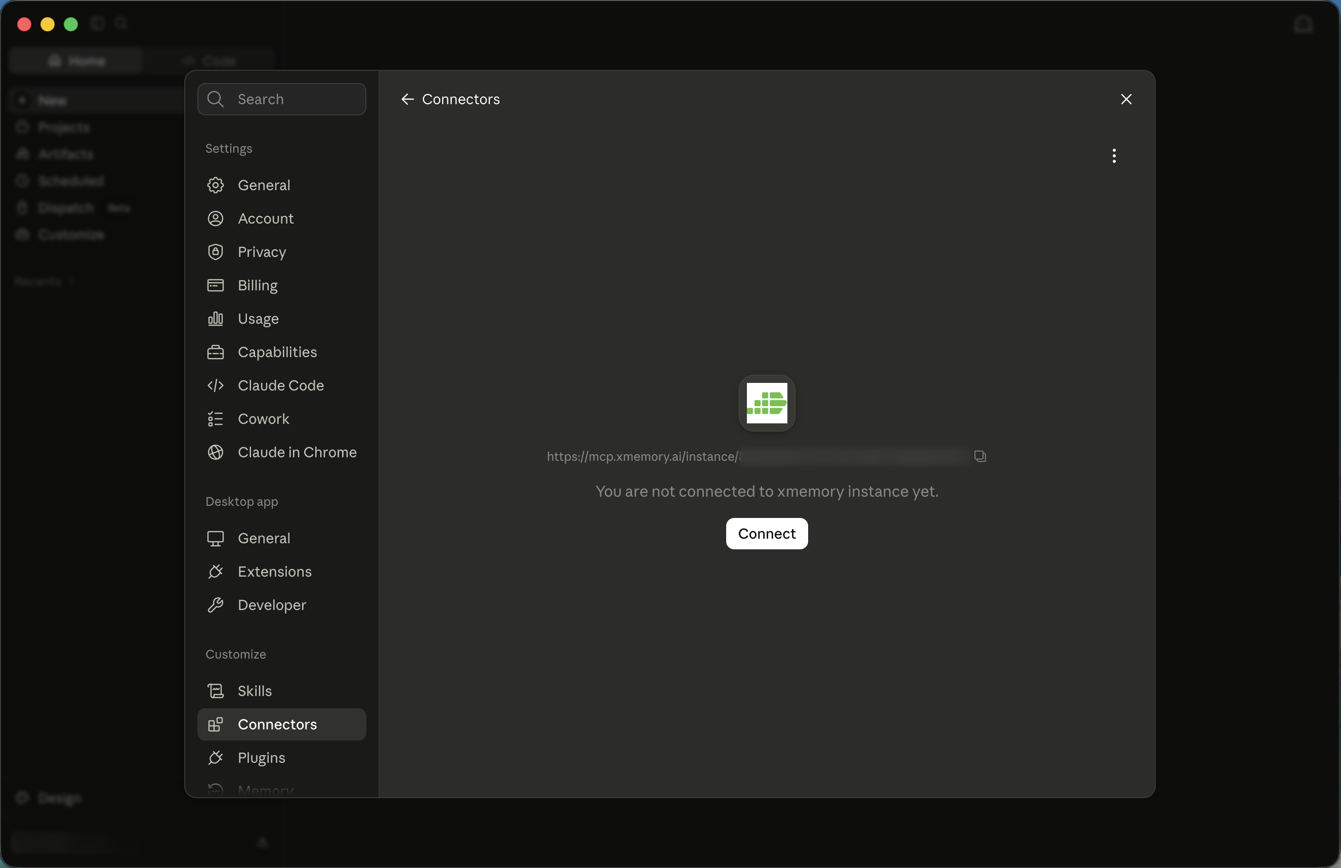 The xmemory connector page in Claude before connecting