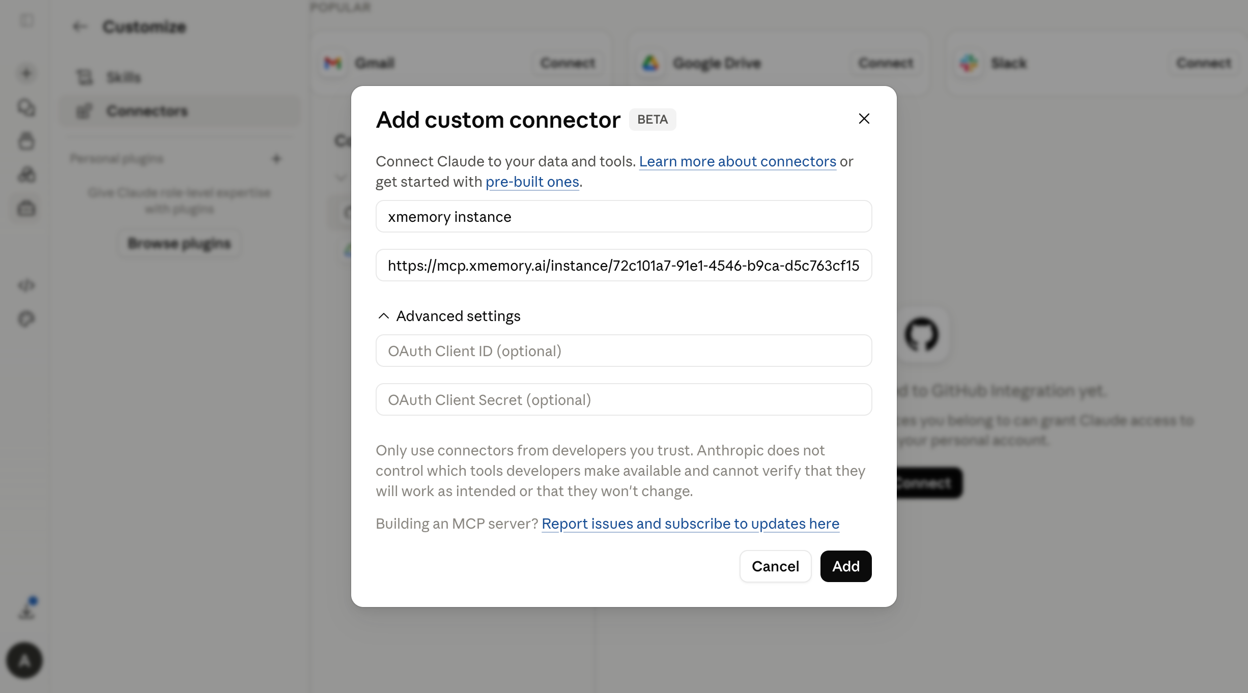 Pasting the xmemory MCP URL into the Add custom connector dialog