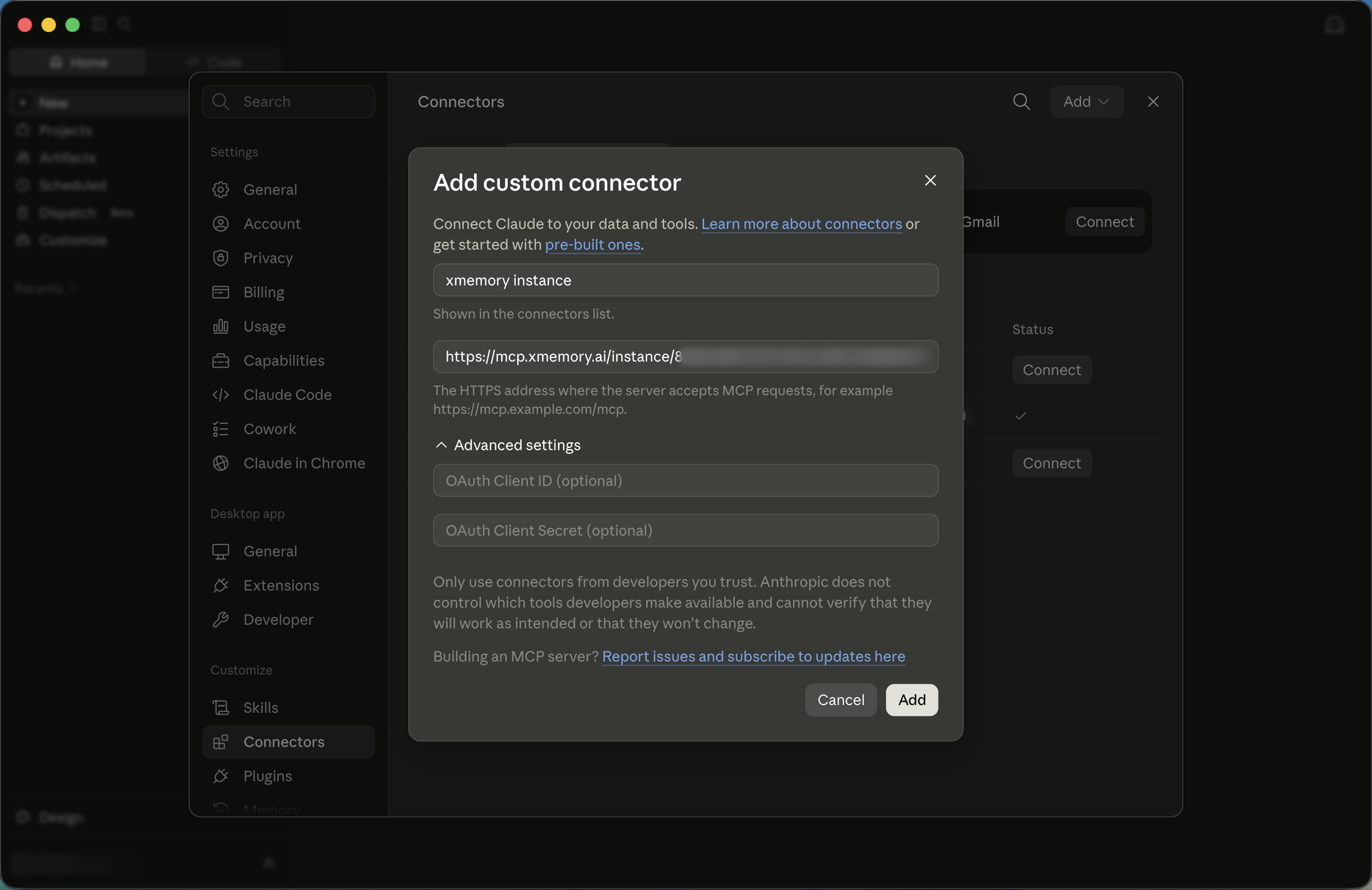 The Add custom connector dialog with the xmemory MCP URL pasted in