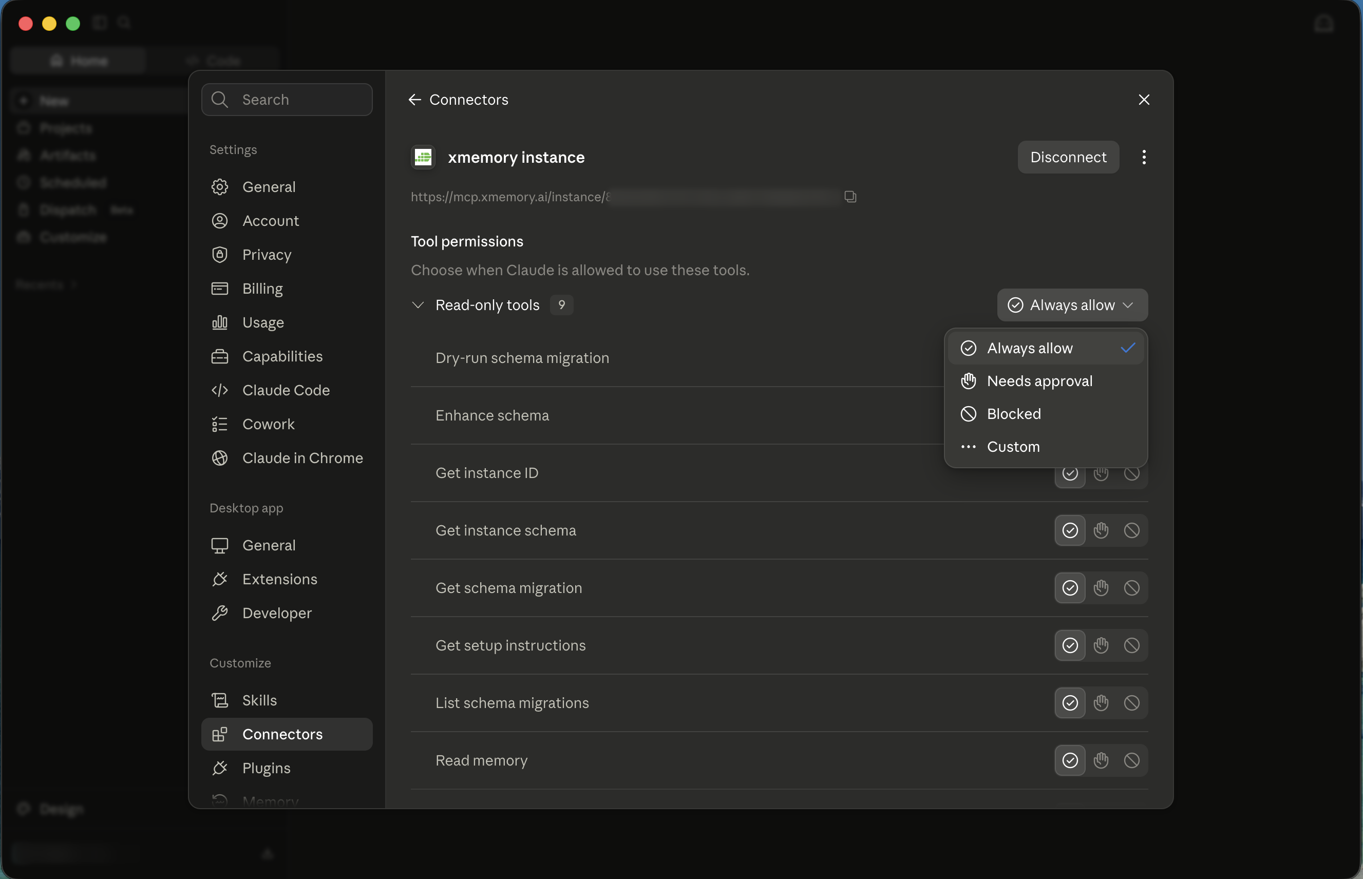 Tool permissions for the xmemory connector in Claude, with the group menu open on Always allow
