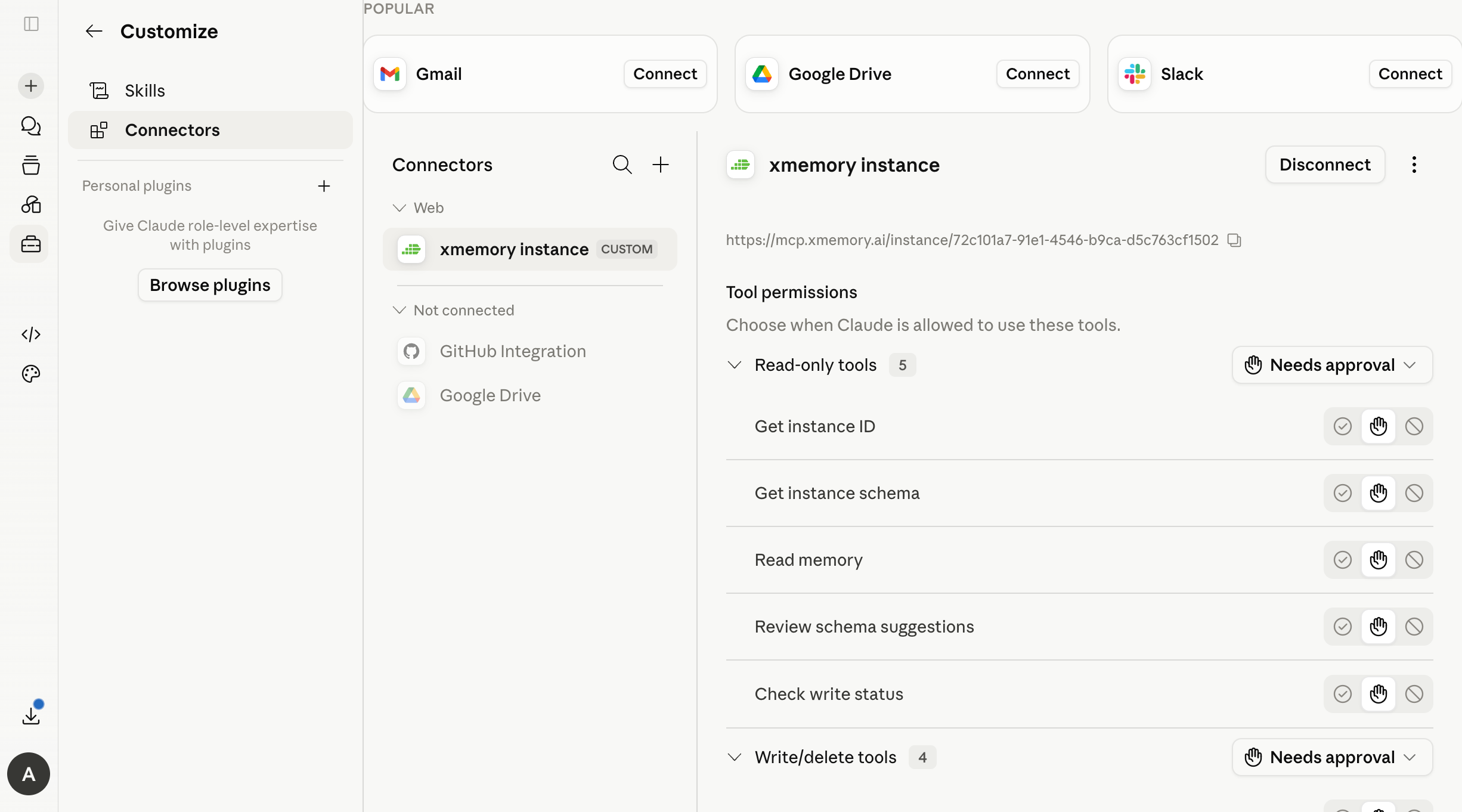 xmemory connector tool permissions in Claude