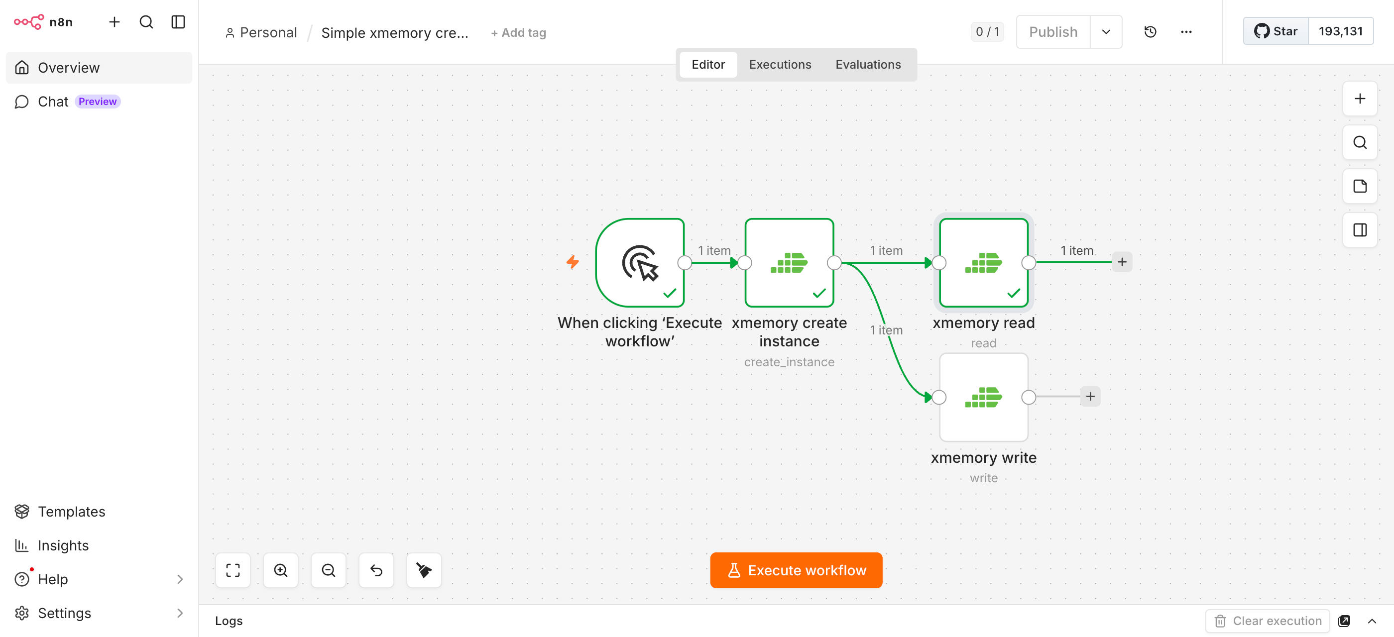 Full n8n workflow execution with xmemory node