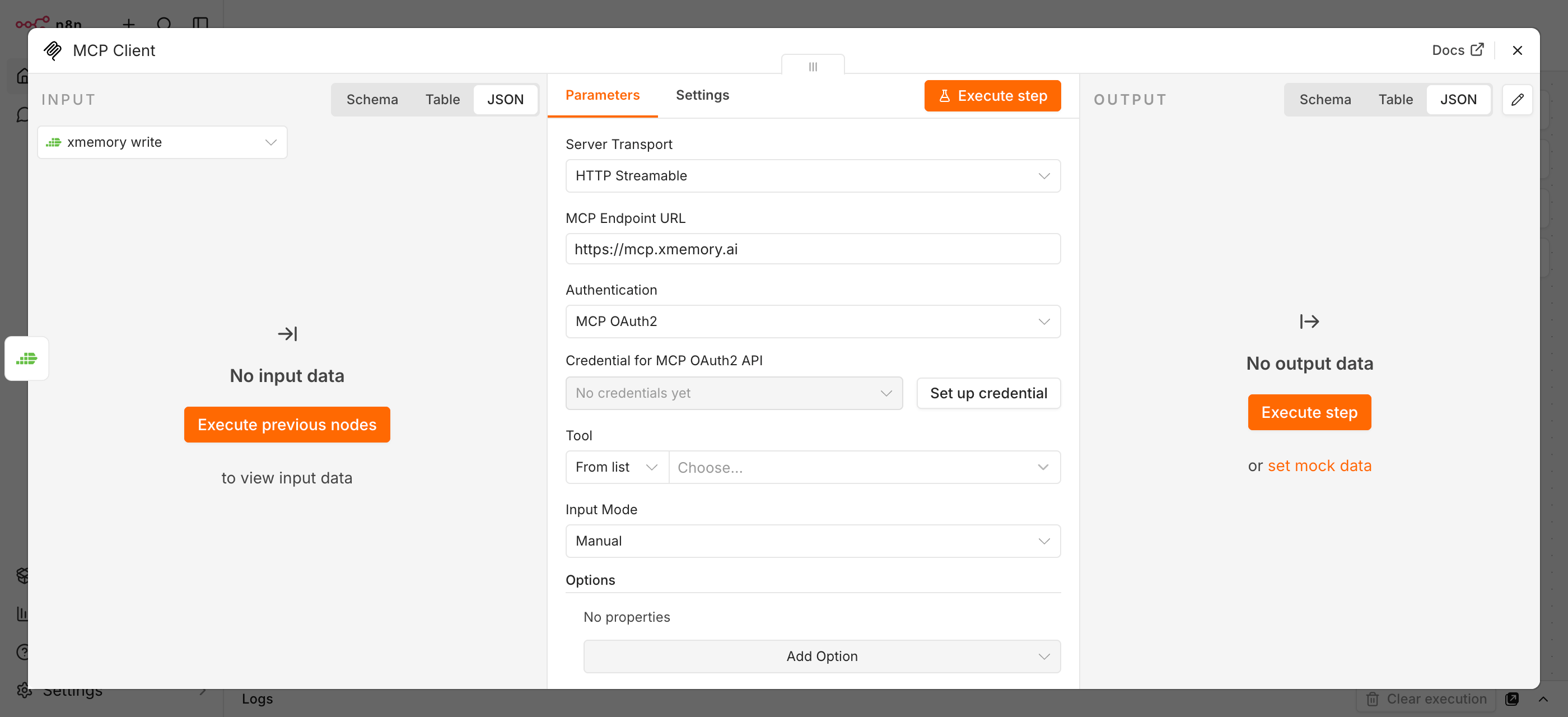 n8n MCP credentials with xmemory server address and OAuth2 auth