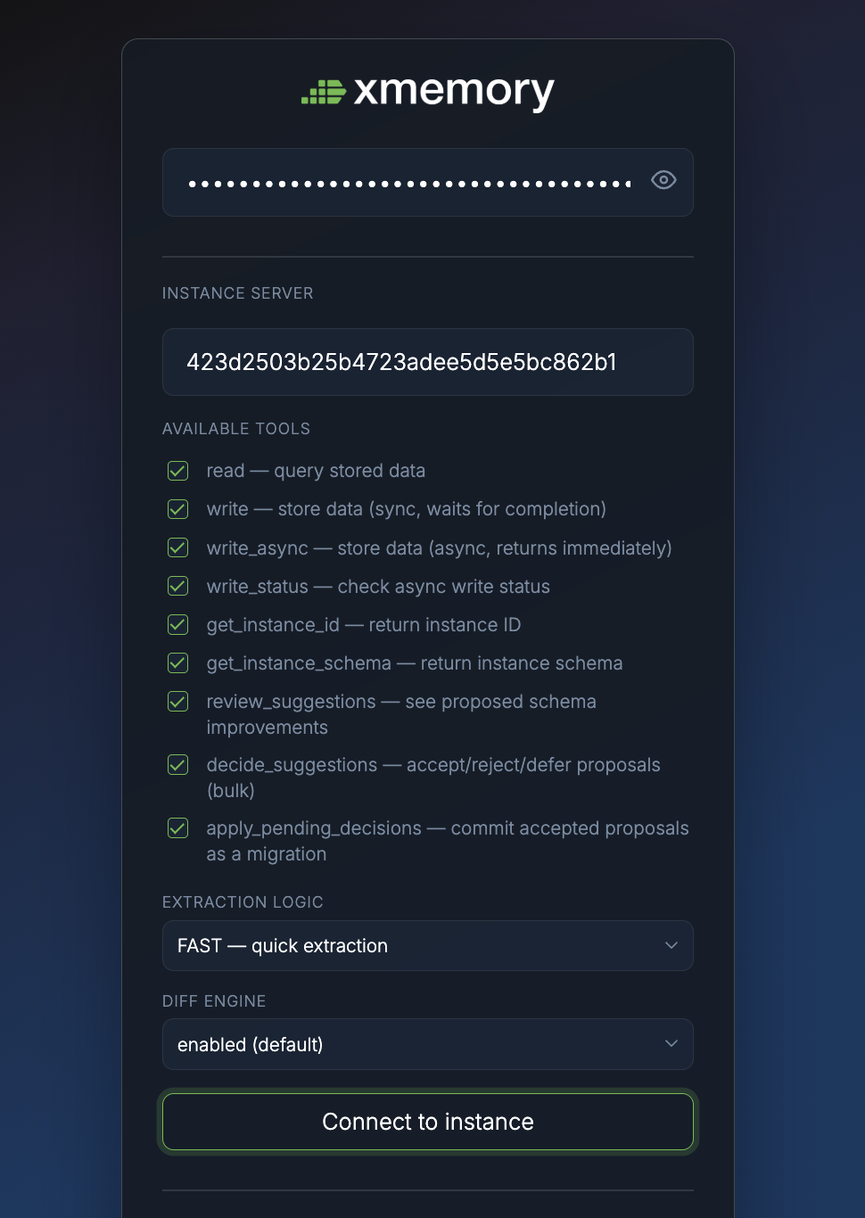 xmemory MCP login page and instance selection