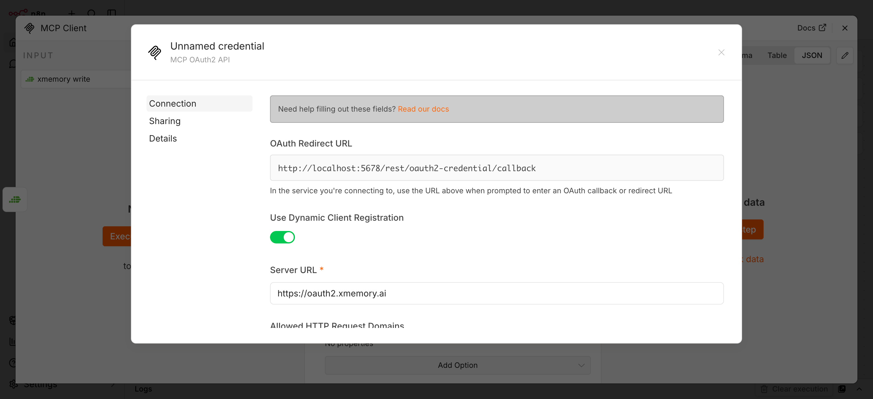n8n OAuth2 credential showing xmemory server address