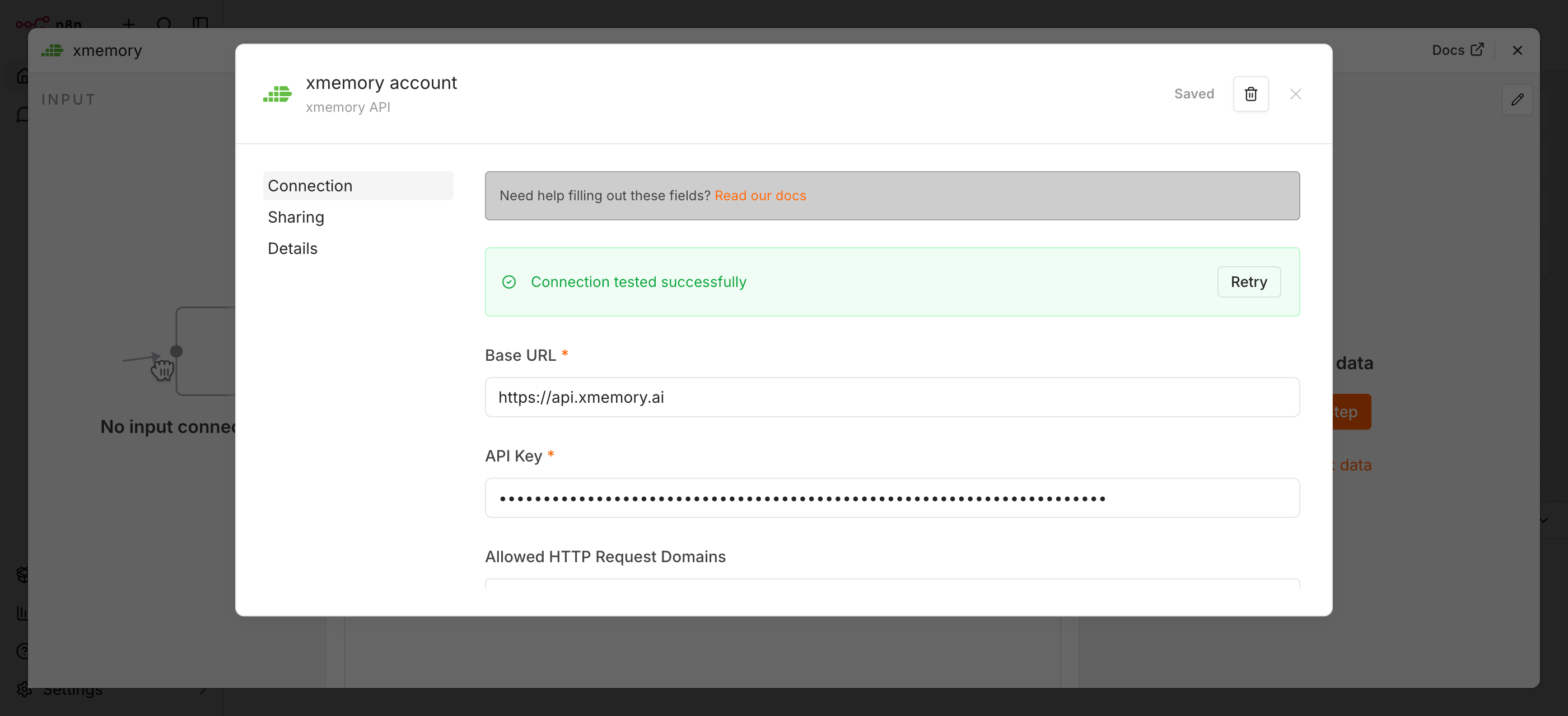 Authorize n8n xmemory node with API key
