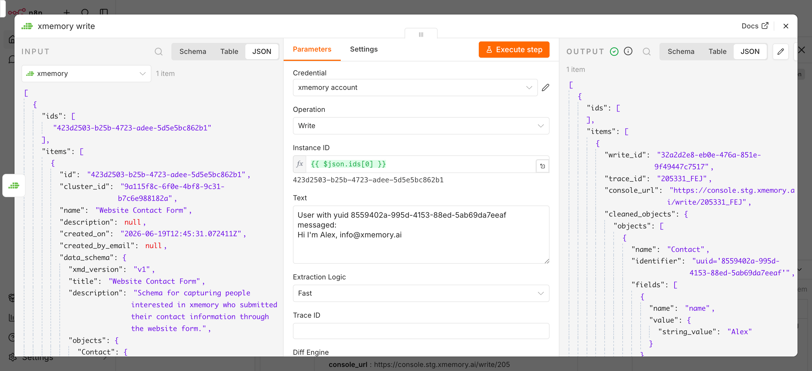 Write data to xmemory from n8n
