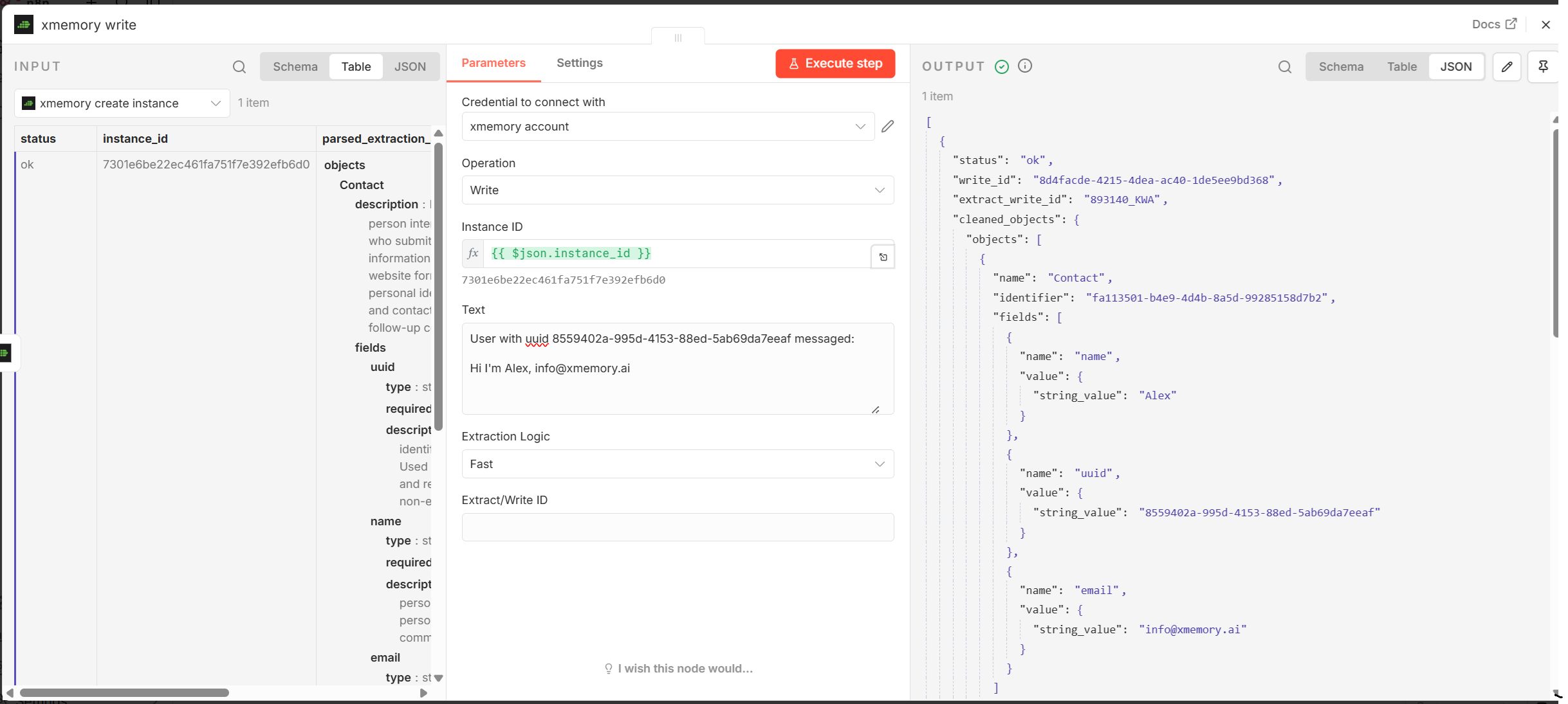 Write data to xmemory from n8n
