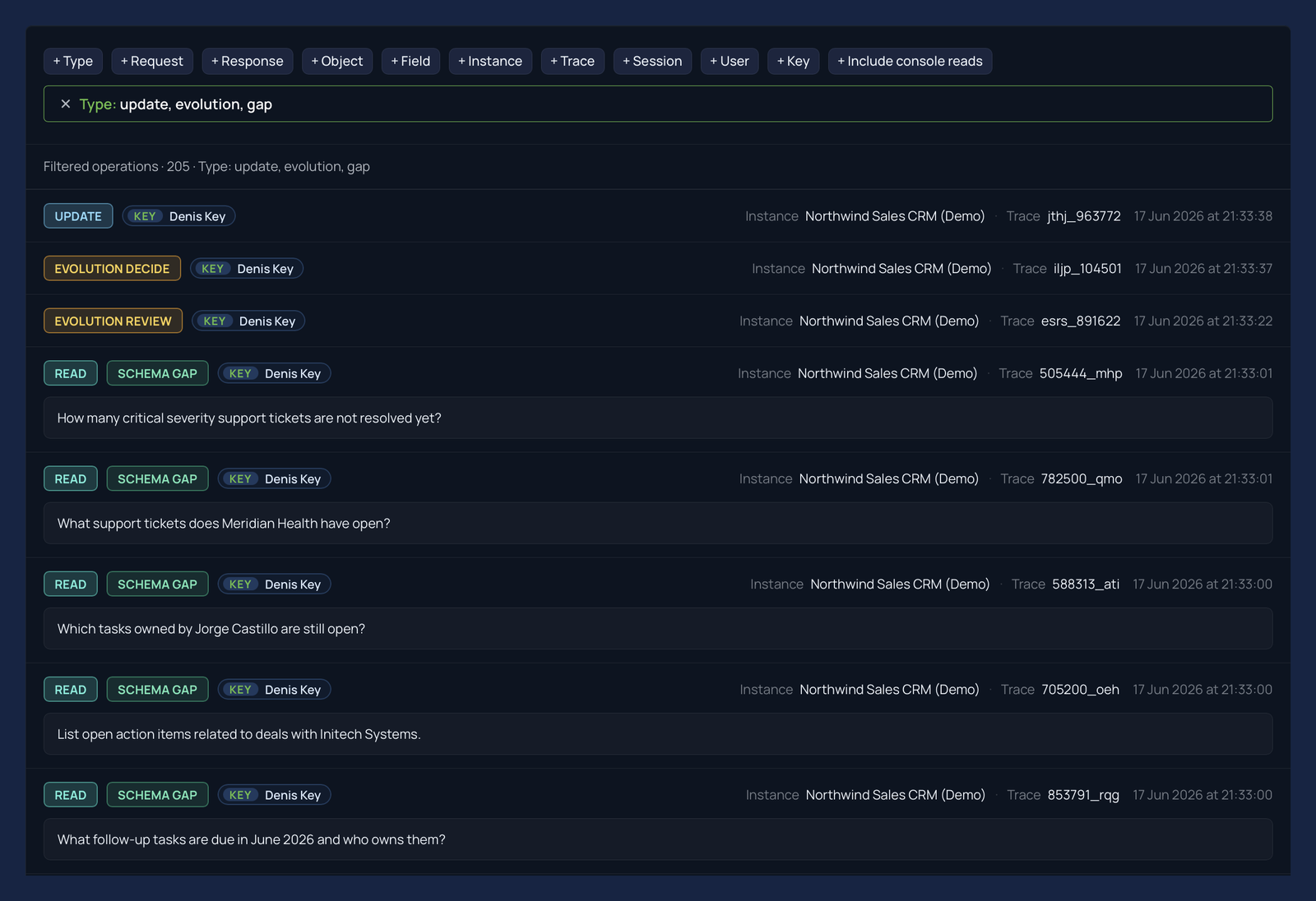 xmemory's activity log: reads tagged schema gap, then the evolution's review, decide, and update events - each attributed to a key and timestamped, tracing a single schema change end to end.