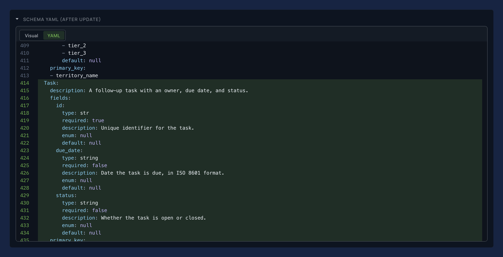An applied migration in xmemory's console, YAML view: the newly added Task object highlighted green line by line, while the existing schema above it stays plain - the change shown as a diff against the prior version.