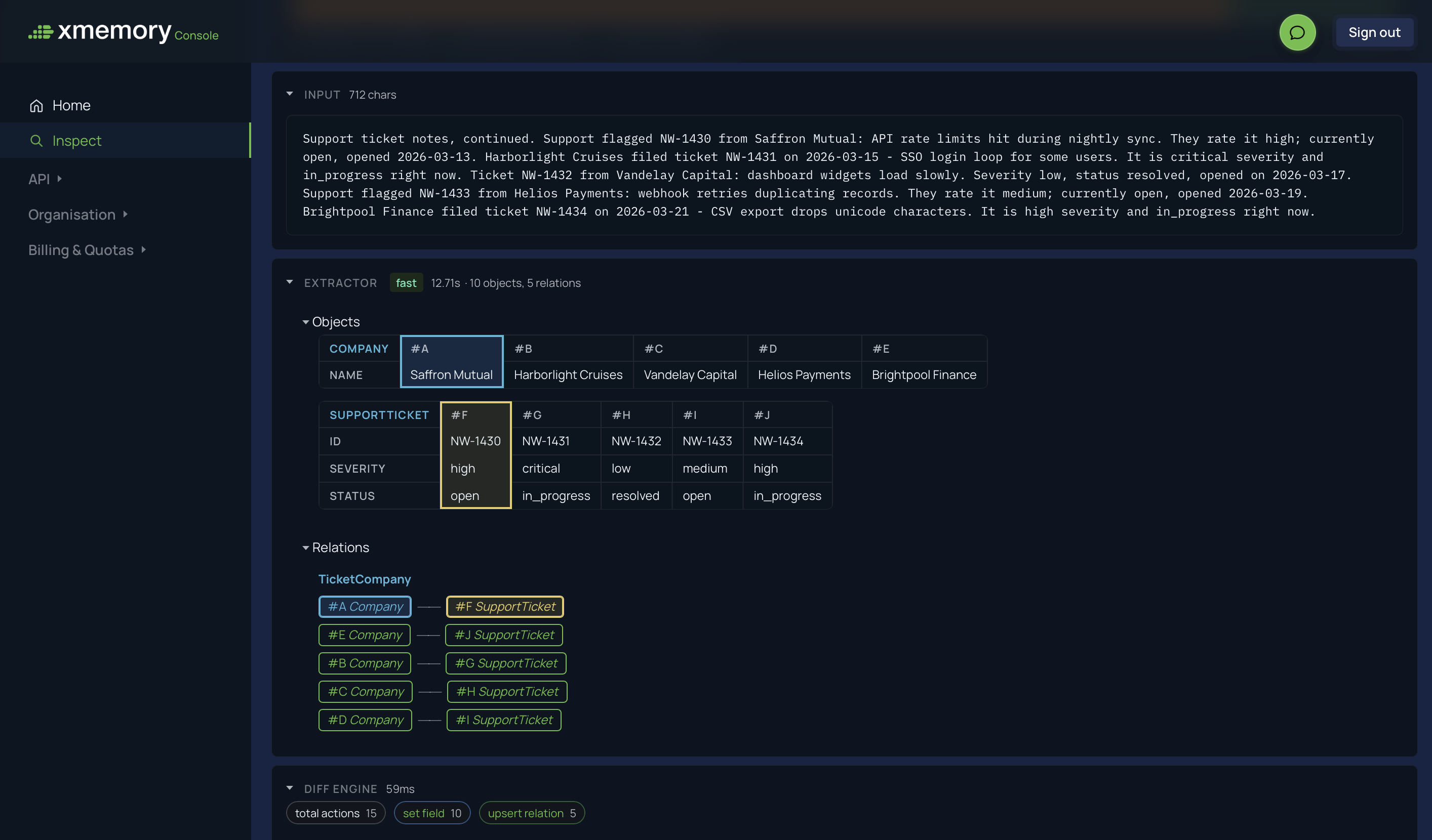 xmemory Console operation detail showing extracted objects, relations, and input text